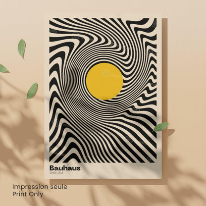 Affiche Bauhaus – Design optique noir et blanc avec cercle jaune | Poster abstrait moderne | Avec ou sans cadre