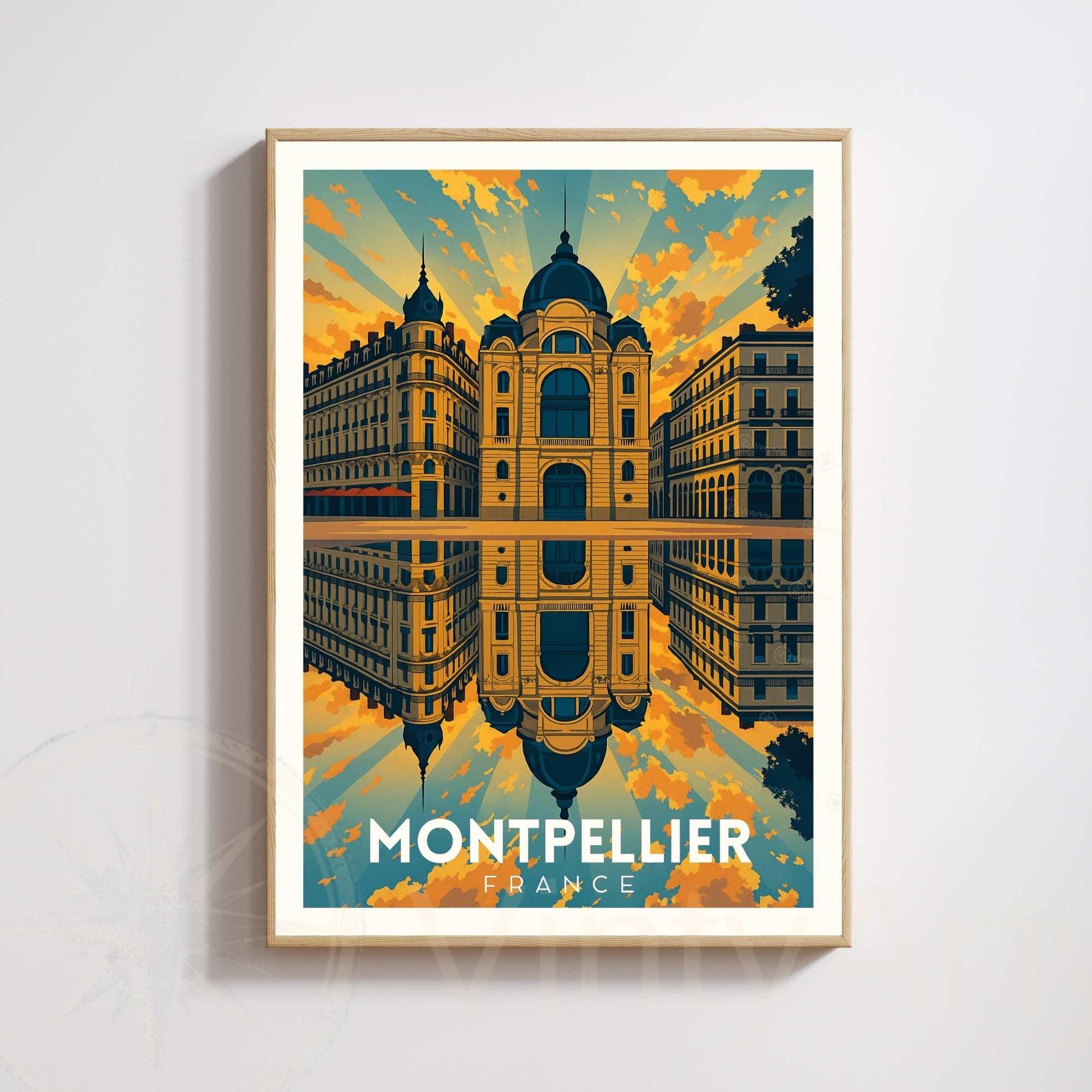 Affiche Montpellier – Architecture haussmannienne au coucher du soleil | Poster vintage sud de la France | Décoration murale voyage