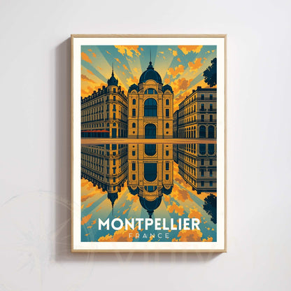Affiche Montpellier – Architecture haussmannienne au coucher du soleil | Poster vintage sud de la France | Décoration murale voyage