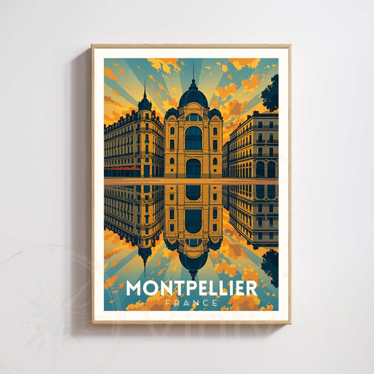Affiche Montpellier – Architecture haussmannienne au coucher du soleil | Poster vintage sud de la France | Décoration murale voyage