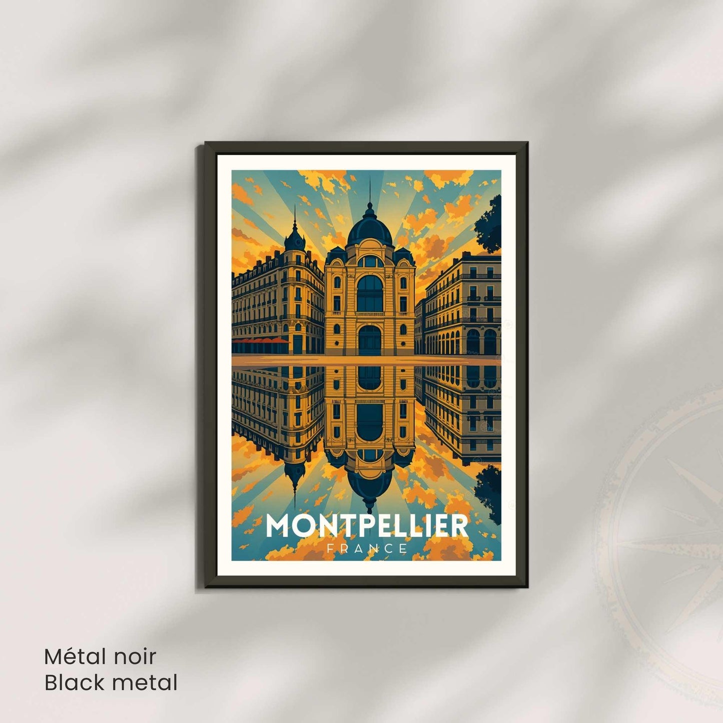 Affiche Montpellier – Architecture haussmannienne au coucher du soleil | Poster vintage sud de la France | Décoration murale voyage