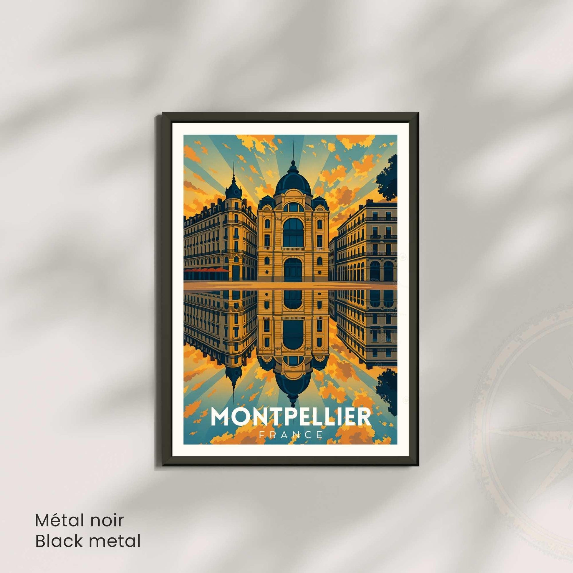 Affiche Montpellier – Architecture haussmannienne au coucher du soleil | Poster vintage sud de la France | Décoration murale voyage