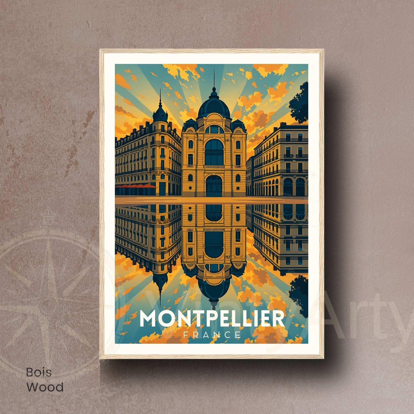 Affiche Montpellier – Architecture haussmannienne au coucher du soleil | Poster vintage sud de la France | Décoration murale voyage