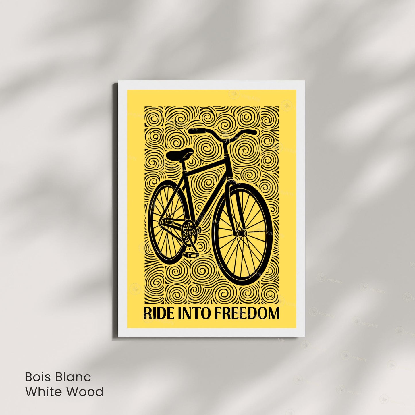 Affiche vélo "Ride Into Freedom" | Poster linogravure graphique noir et jaune | Décoration murale cyclisme & liberté