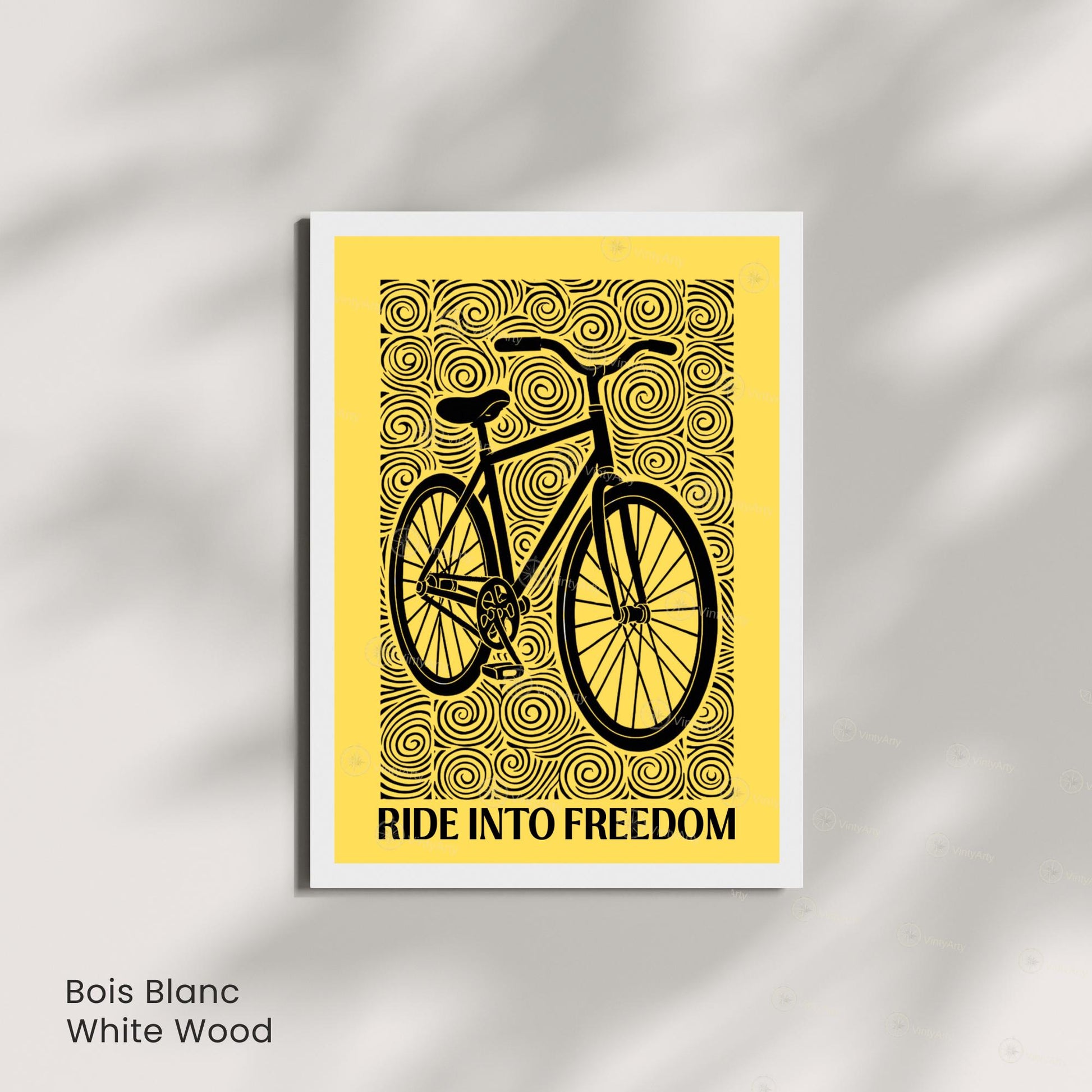 Affiche vélo "Ride Into Freedom" | Poster linogravure graphique noir et jaune | Décoration murale cyclisme & liberté
