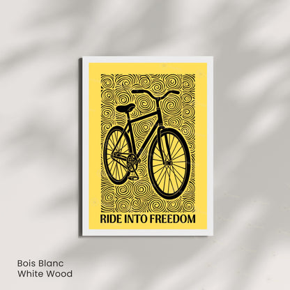 Affiche vélo "Ride Into Freedom" | Poster linogravure graphique noir et jaune | Décoration murale cyclisme & liberté