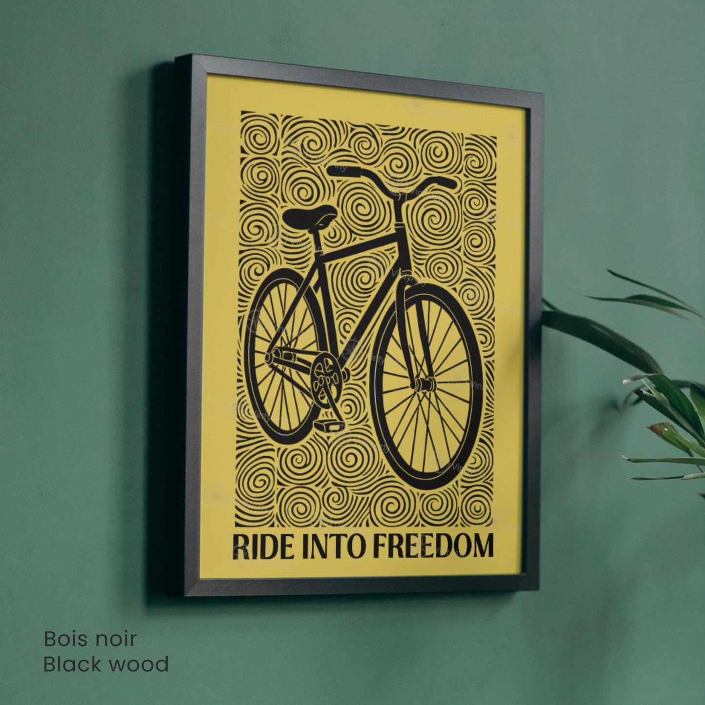 Affiche vélo "Ride Into Freedom" | Poster linogravure graphique noir et jaune | Décoration murale cyclisme & liberté