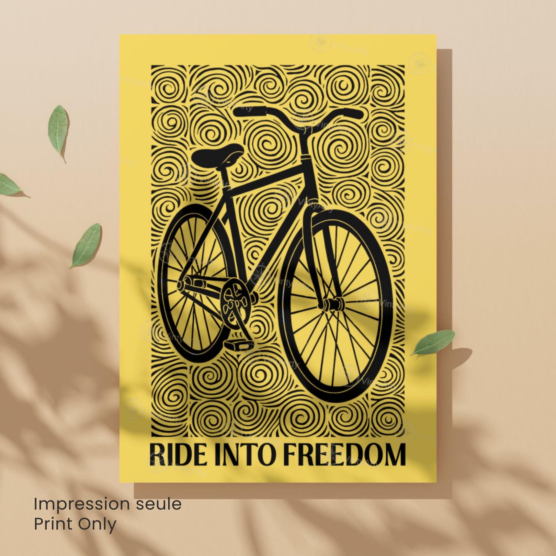 Affiche vélo "Ride Into Freedom" | Poster linogravure graphique noir et jaune | Décoration murale cyclisme & liberté