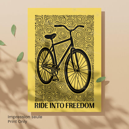 Affiche vélo "Ride Into Freedom" | Poster linogravure graphique noir et jaune | Décoration murale cyclisme & liberté
