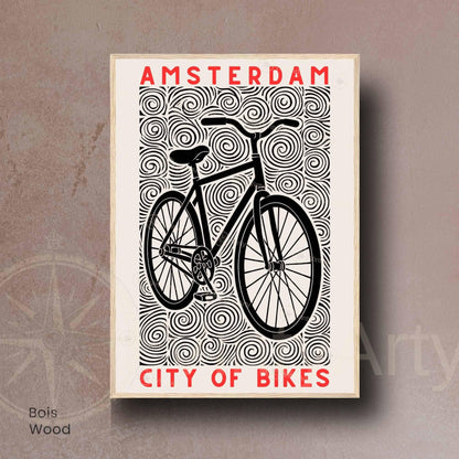 Affiche Amsterdam "City of Bikes" | Poster vélo linogravure noir et blanc | Décoration murale voyage & cyclisme