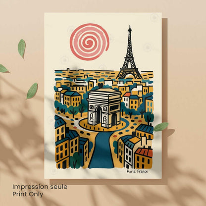 Affiche Paris rétro – Poster vintage Arc de Triomphe et Tour Eiffel, illustration artistique murale, idée cadeau Paris