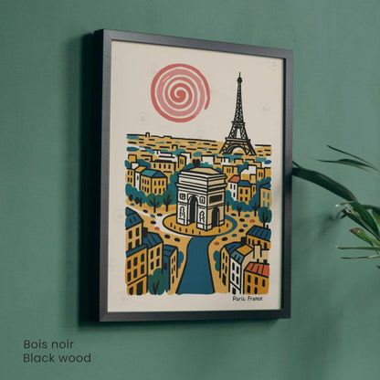 Affiche Paris rétro – Poster vintage Arc de Triomphe et Tour Eiffel, illustration artistique murale, idée cadeau Paris