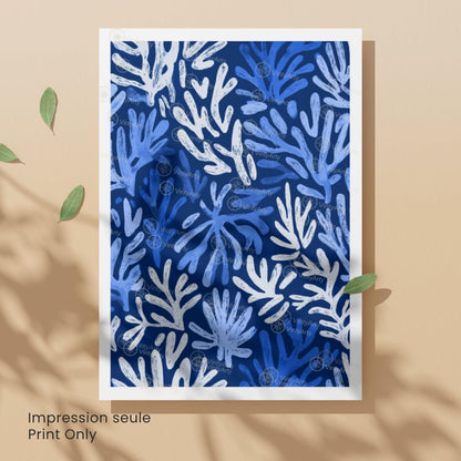 Affiche Matisse corail bleu blanc – Poster marin abstrait – Art mural moderne