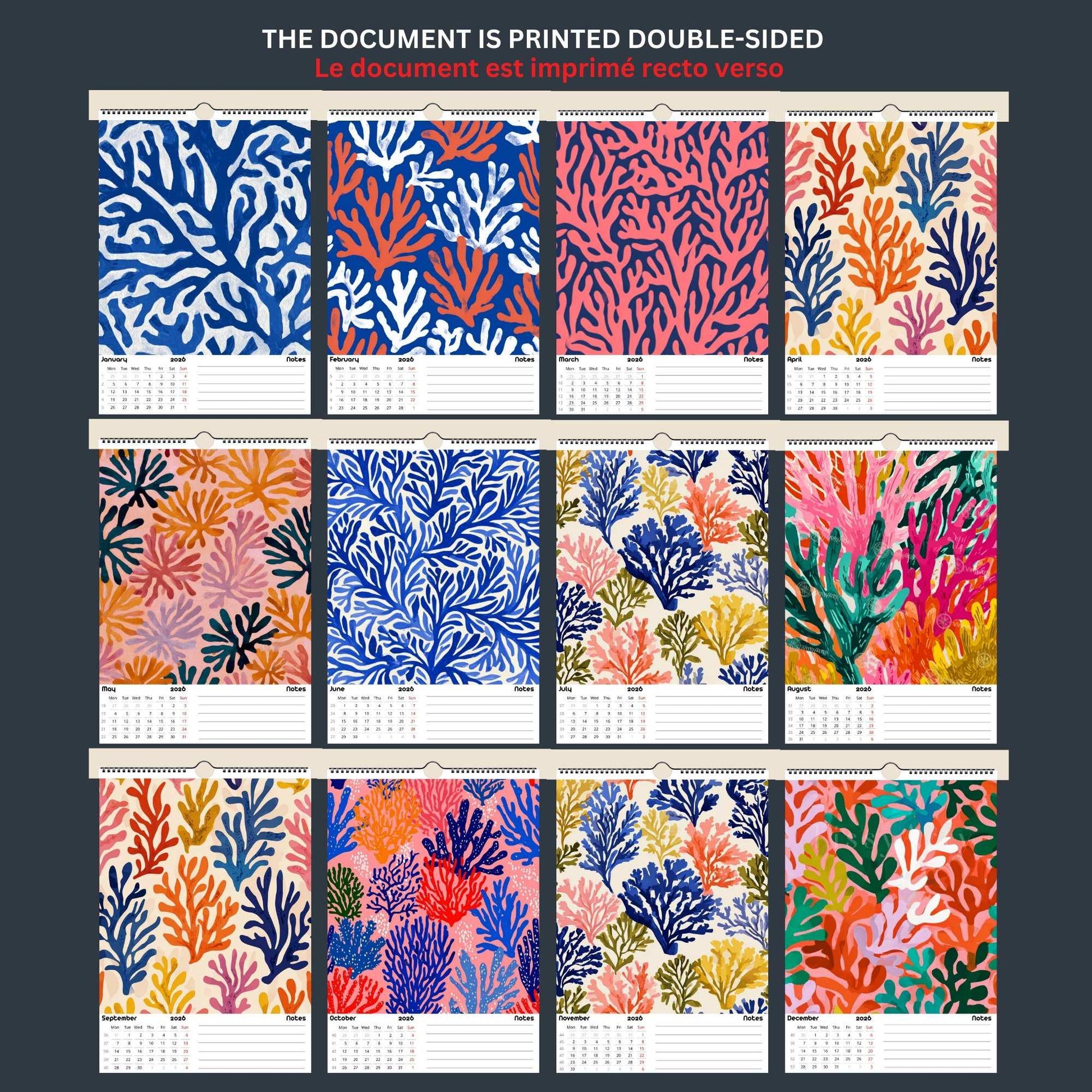 Calendrier mural 2026 Corail | Personnalisable | Papier premium & design moderne