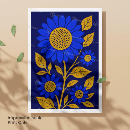 Affiche Tournesols Bleus et Or | Poster Botanique Moderne | Illustration Florale Murale