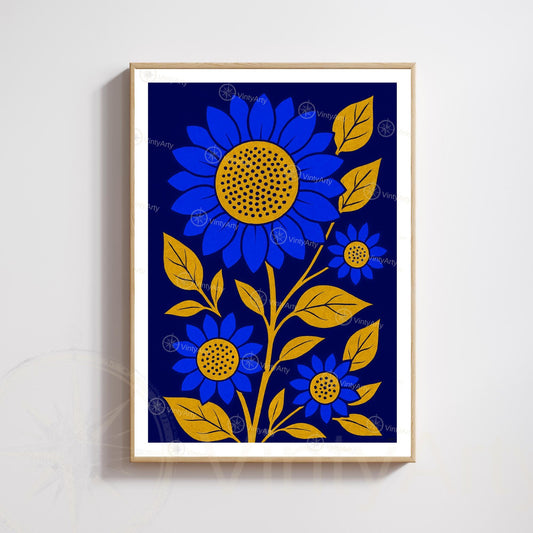 Blue and Gold Sunflowers Print | Modern Botanical Poster | Floral Wall Art
