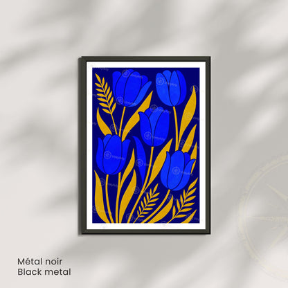 Affiche Tulipes Bleues et Or | Poster Botanique Moderne | Illustration Florale Murale