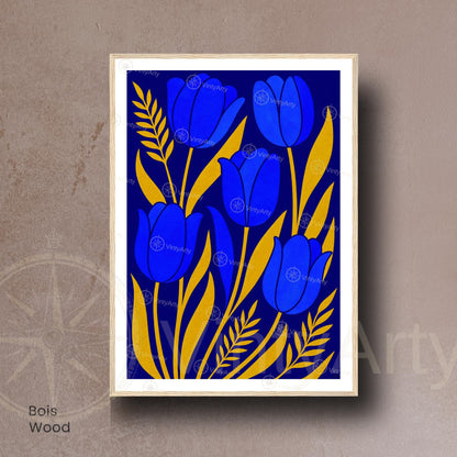 Affiche Tulipes Bleues et Or | Poster Botanique Moderne | Illustration Florale Murale