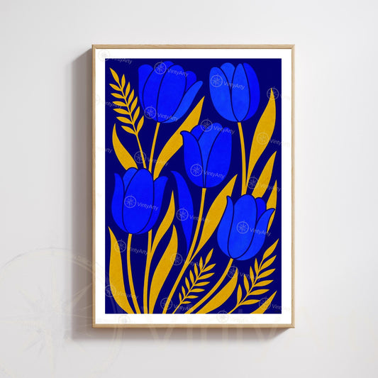 Blue and Gold Tulips Print | Modern Botanical Poster | Floral Wall Art