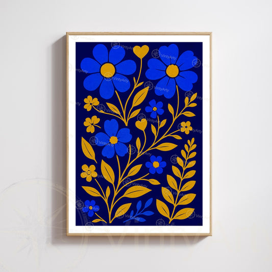 Blue and Gold Flowers Print | Modern Botanical Poster | Elegant Floral Wall Art