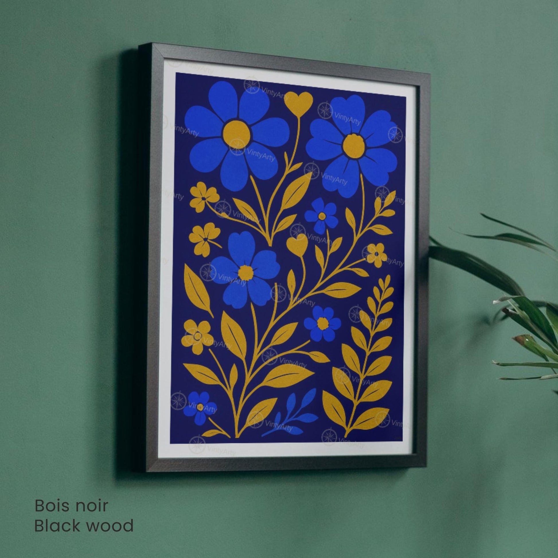 Affiche Fleurs Bleues et Or | Poster Botanique Moderne | Décoration Murale Florale