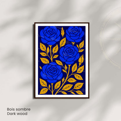 Affiche Roses Bleues et Or | Poster Botanique Moderne | Décoration Murale Élégante