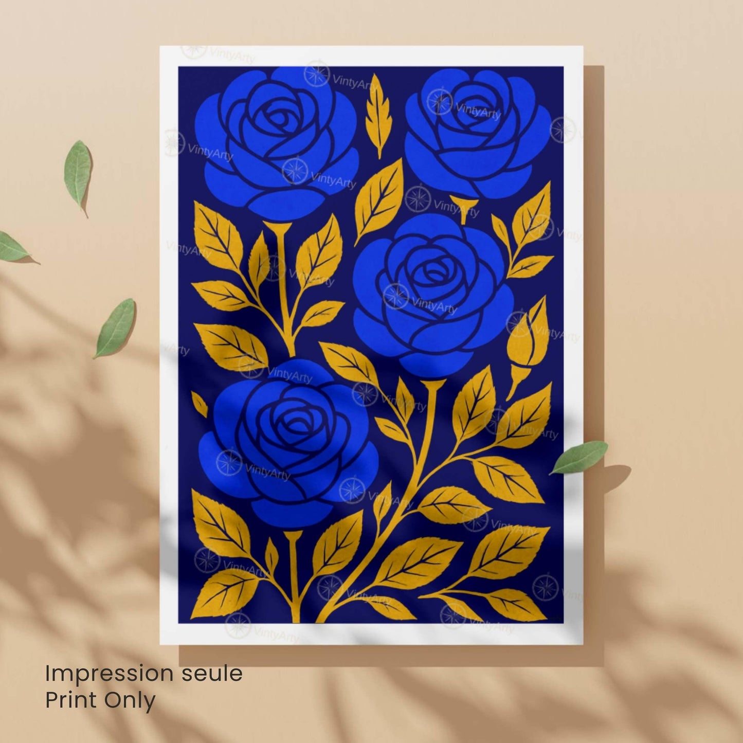 Affiche Roses Bleues et Or | Poster Botanique Moderne | Décoration Murale Élégante
