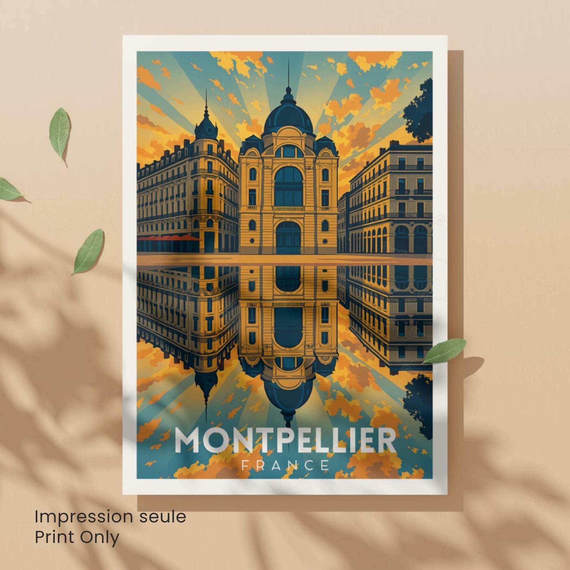 Affiche Montpellier – Architecture haussmannienne au coucher du soleil | Poster vintage sud de la France | Décoration murale voyage