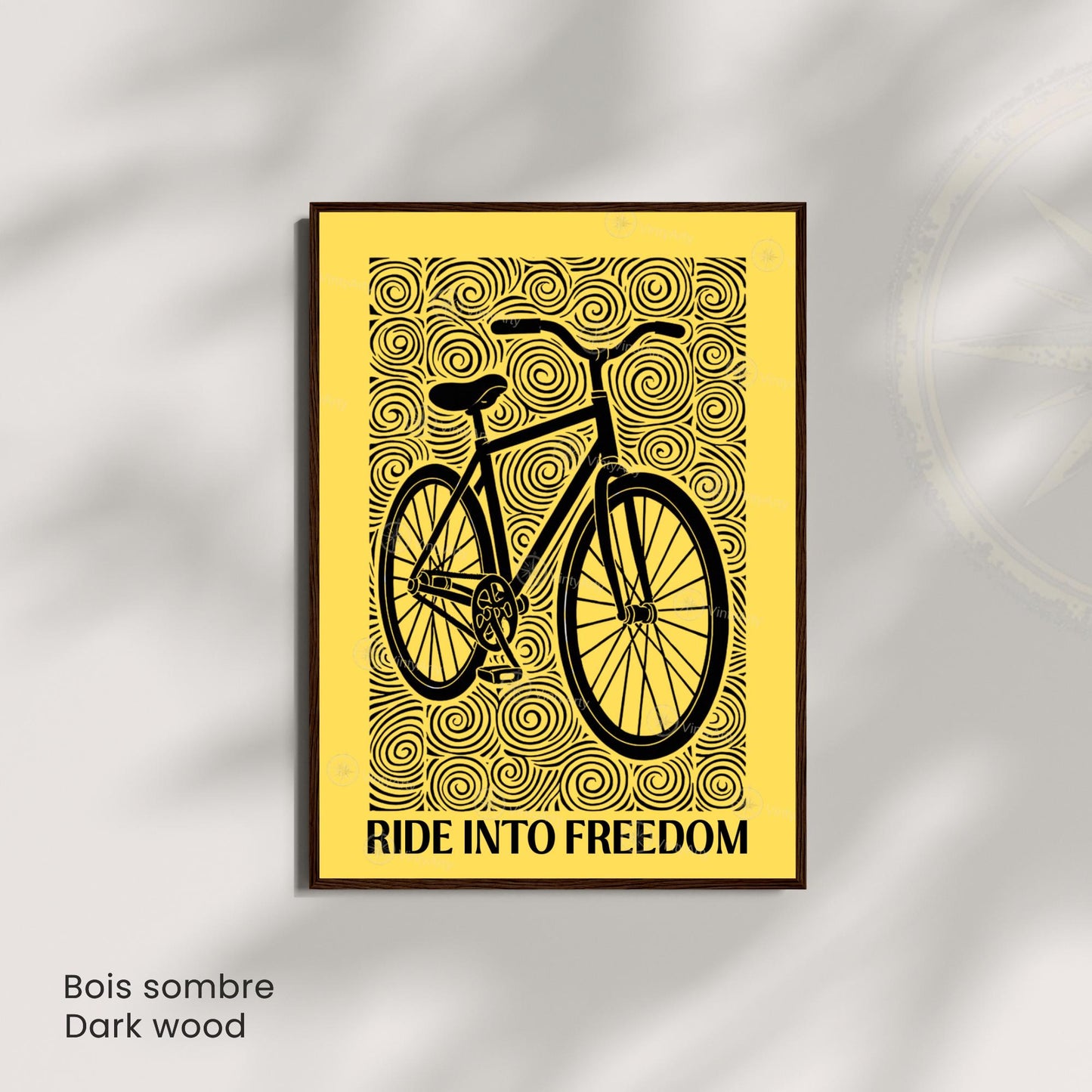 Affiche vélo "Ride Into Freedom" | Poster linogravure graphique noir et jaune | Décoration murale cyclisme & liberté