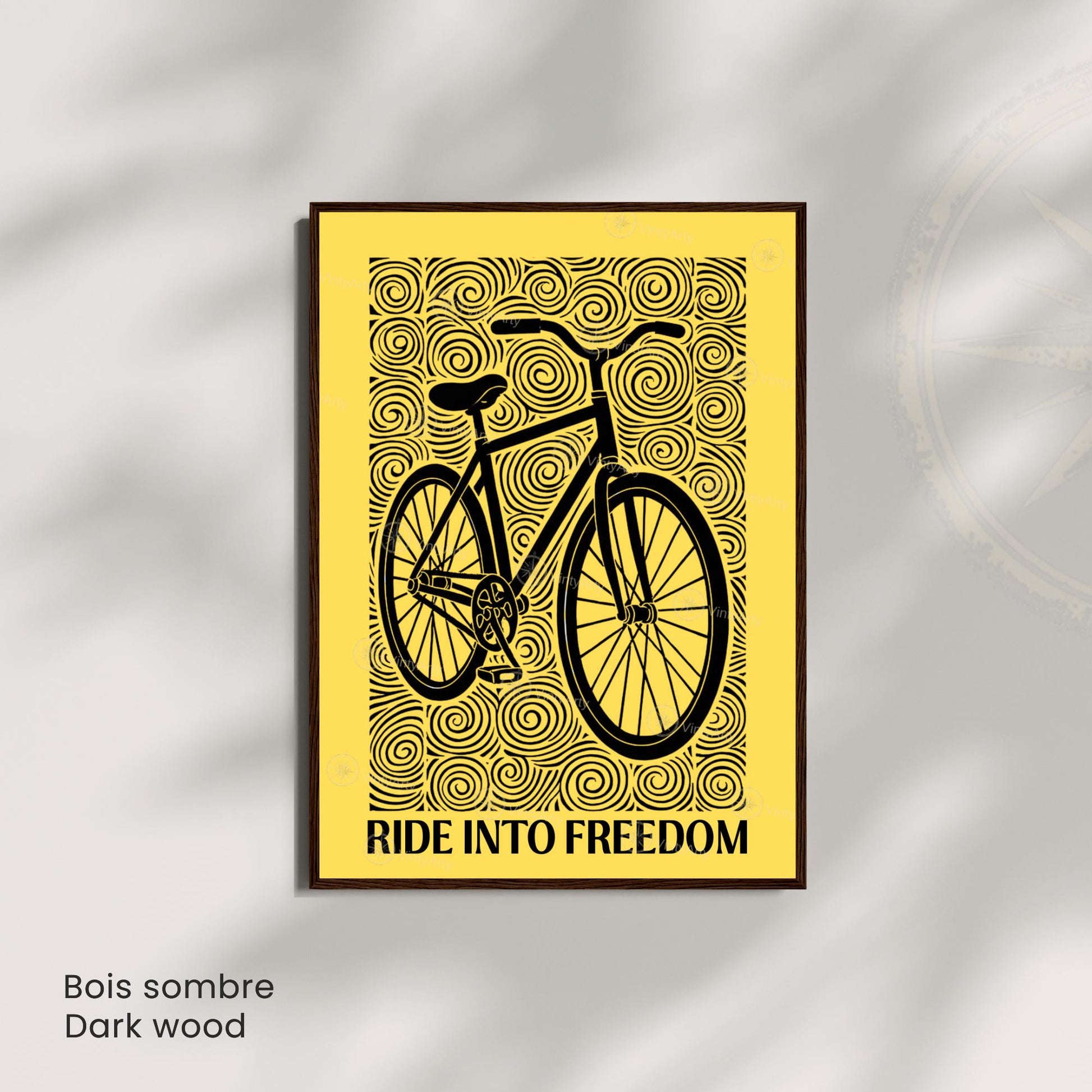 Affiche vélo "Ride Into Freedom" | Poster linogravure graphique noir et jaune | Décoration murale cyclisme & liberté