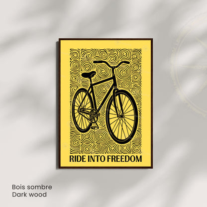 Affiche vélo "Ride Into Freedom" | Poster linogravure graphique noir et jaune | Décoration murale cyclisme & liberté