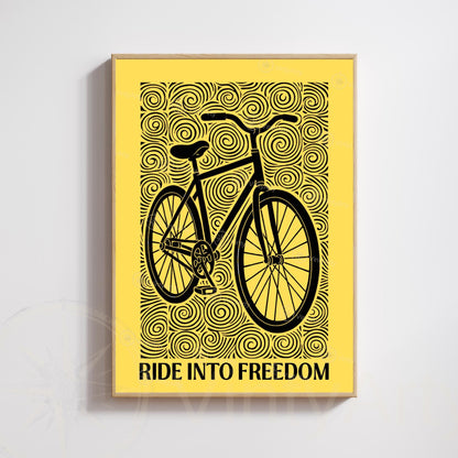 Bicycle Poster | Black and Yellow Linocut Style Print | Cycling Wall Art & Modern Decor | Vintage bike poster