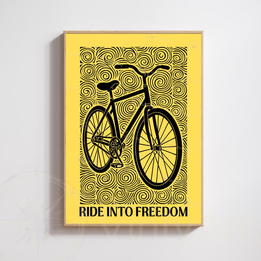 Bicycle Poster | Black and Yellow Linocut Style Print | Cycling Wall Art & Modern Decor | Vintage bike poster