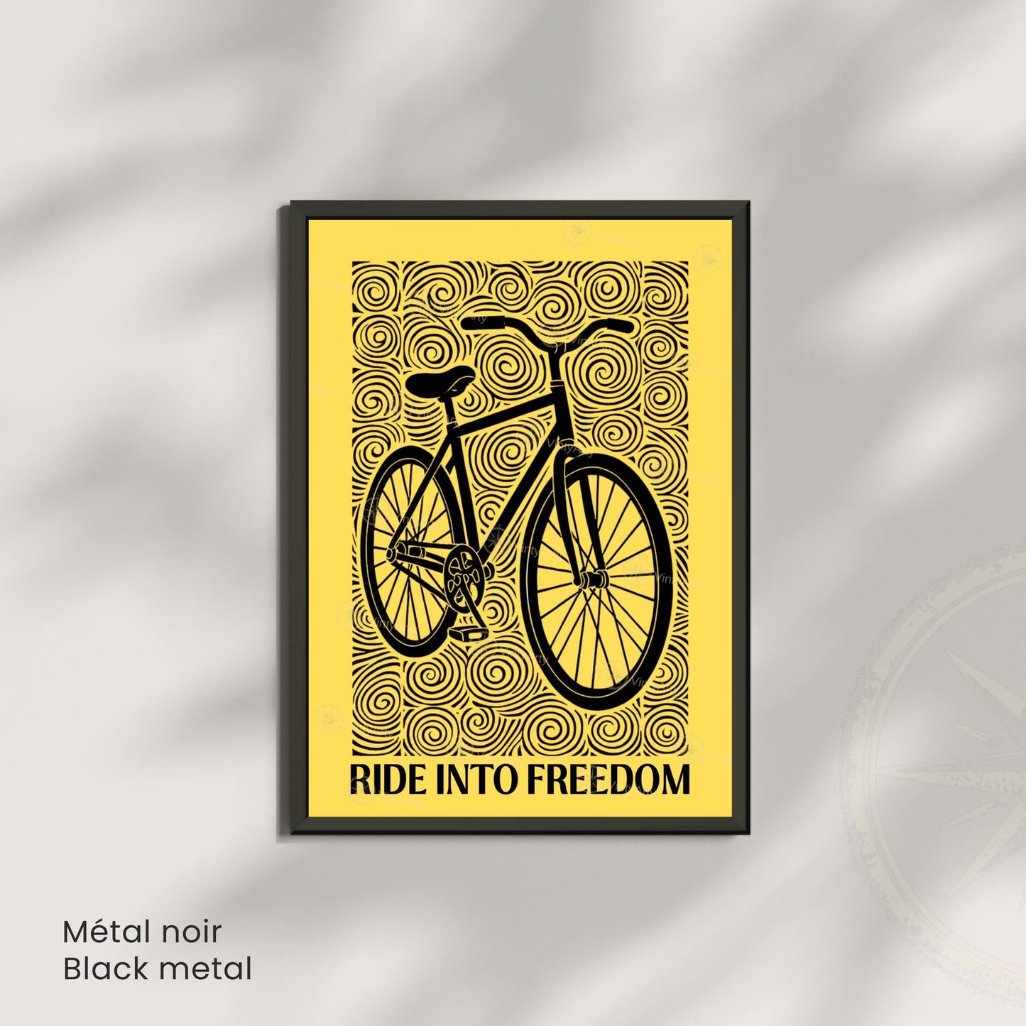Affiche vélo "Ride Into Freedom" | Poster linogravure graphique noir et jaune | Décoration murale cyclisme & liberté
