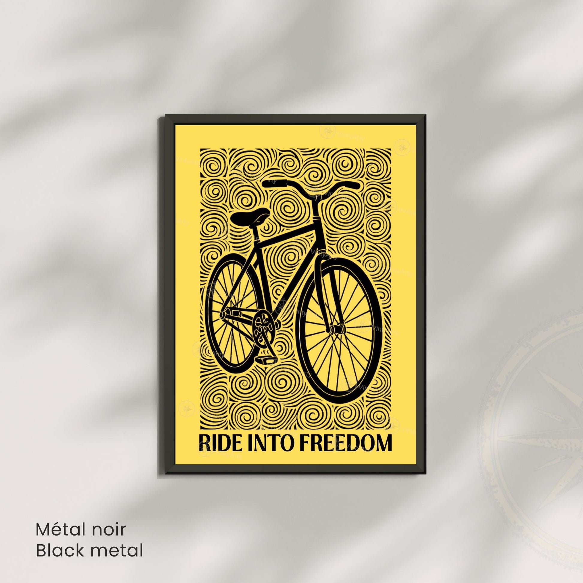 Affiche vélo "Ride Into Freedom" | Poster linogravure graphique noir et jaune | Décoration murale cyclisme & liberté