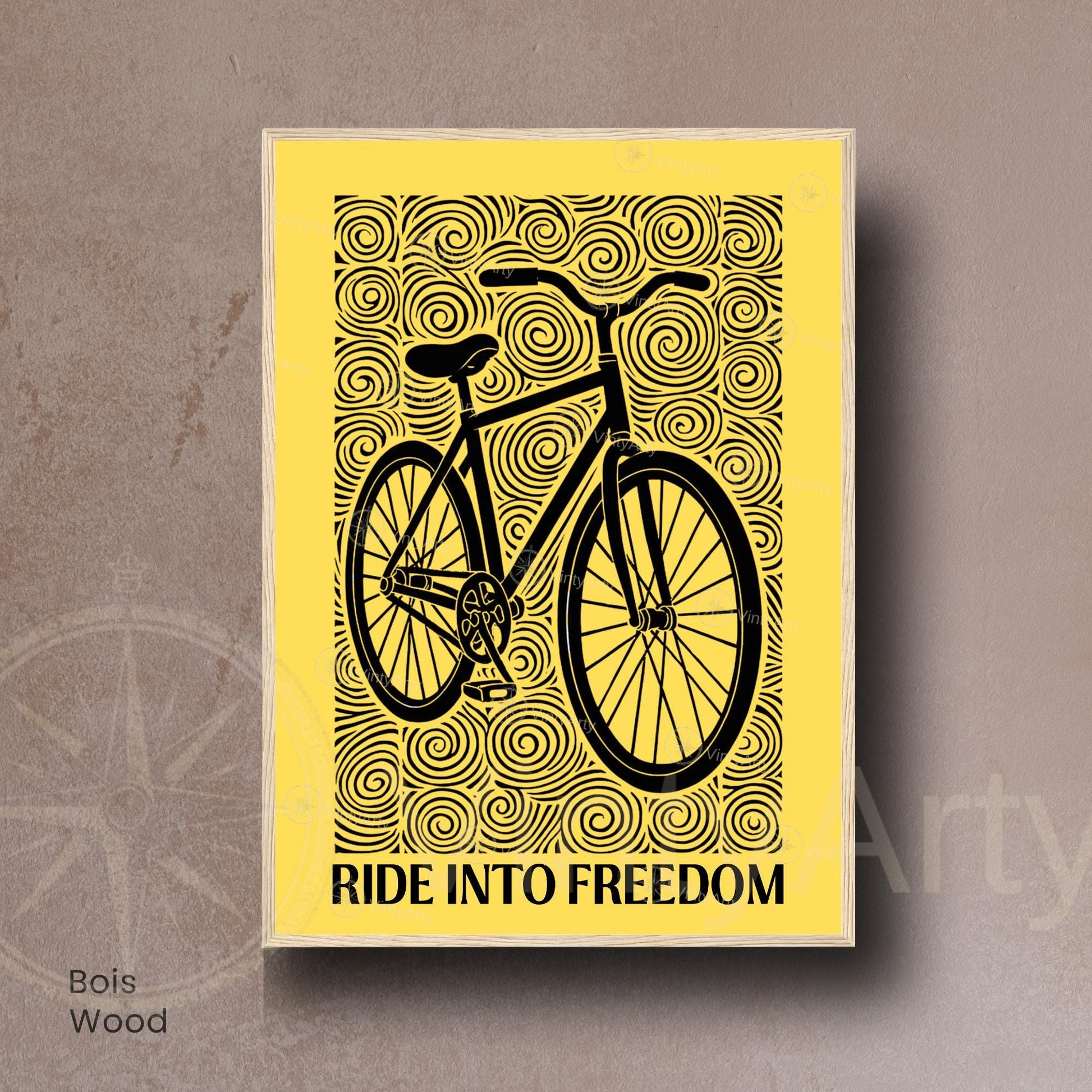 Affiche vélo "Ride Into Freedom" | Poster linogravure graphique noir et jaune | Décoration murale cyclisme & liberté