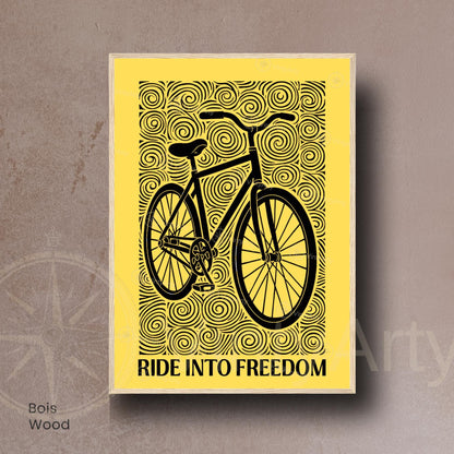 Affiche vélo "Ride Into Freedom" | Poster linogravure graphique noir et jaune | Décoration murale cyclisme & liberté