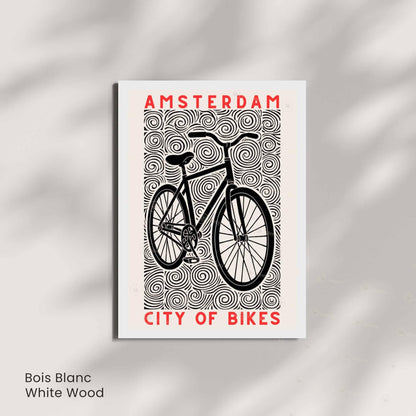 Affiche Amsterdam "City of Bikes" | Poster vélo linogravure noir et blanc | Décoration murale voyage & cyclisme