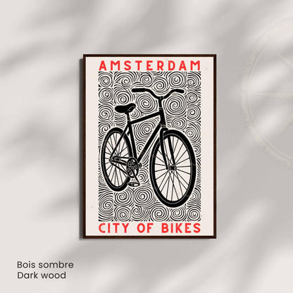 Affiche Amsterdam "City of Bikes" | Poster vélo linogravure noir et blanc | Décoration murale voyage & cyclisme