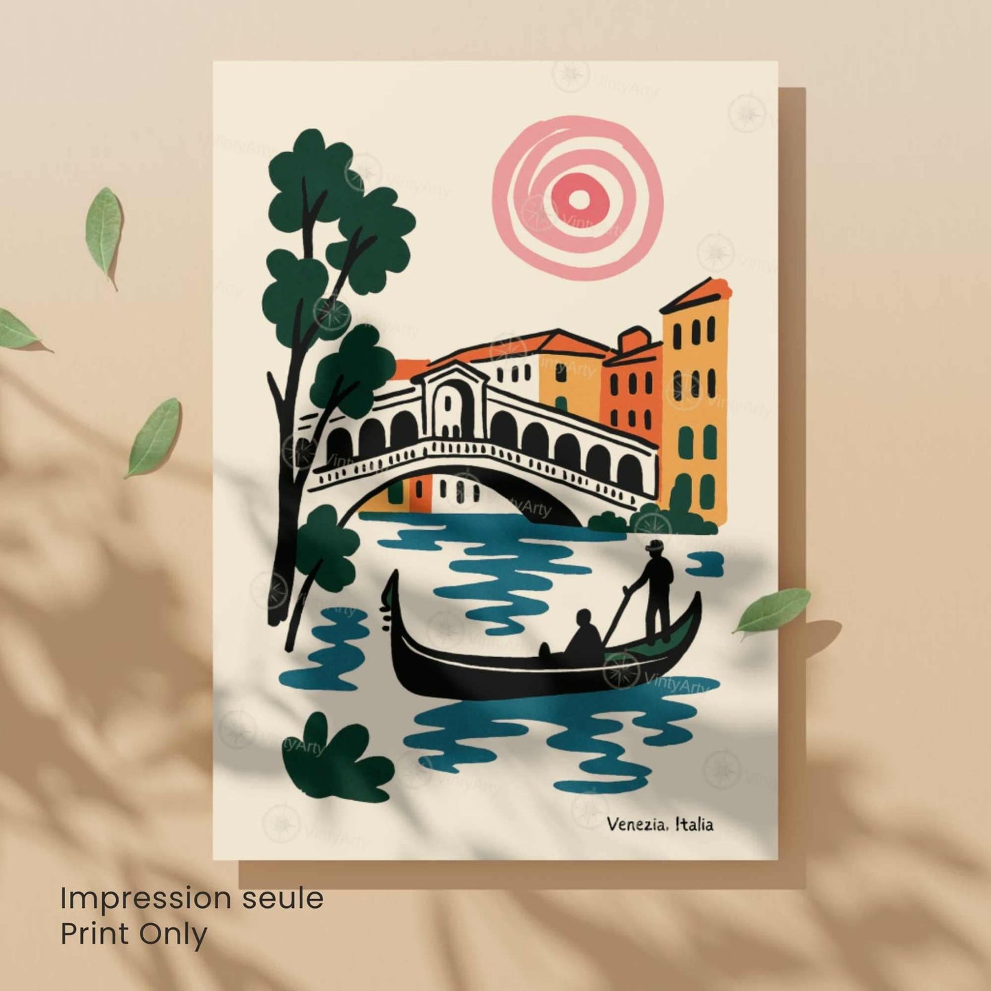 Affiche Venise – Pont du Rialto & Gondole | Poster voyage Italie style Matisse moderne | Décoration murale Venezia
