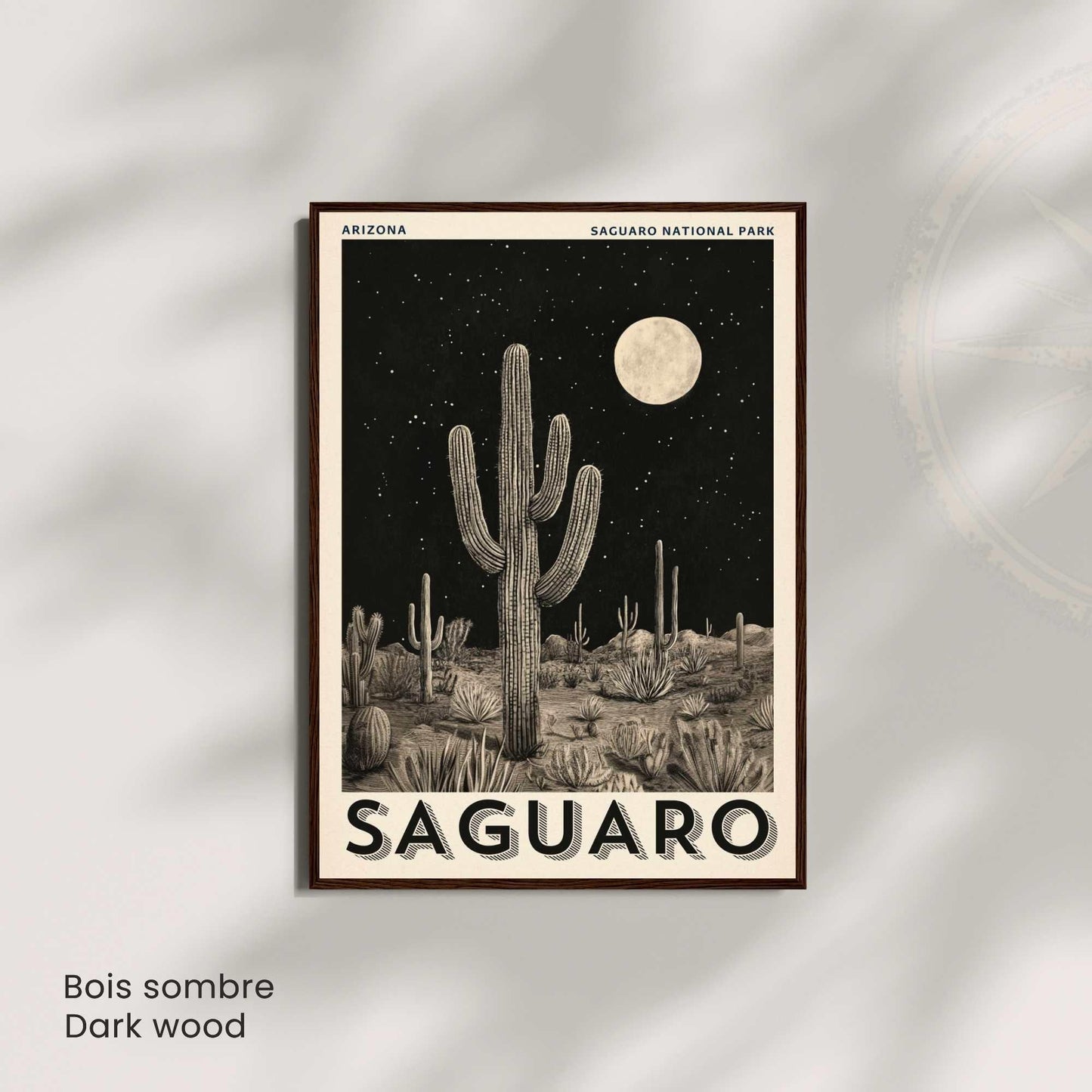 Affiche Saguaro Arizona | Poster Parc National du Saguaro | Illustration Vintage Désert Nocturne | Affiche cactus noir et blanc