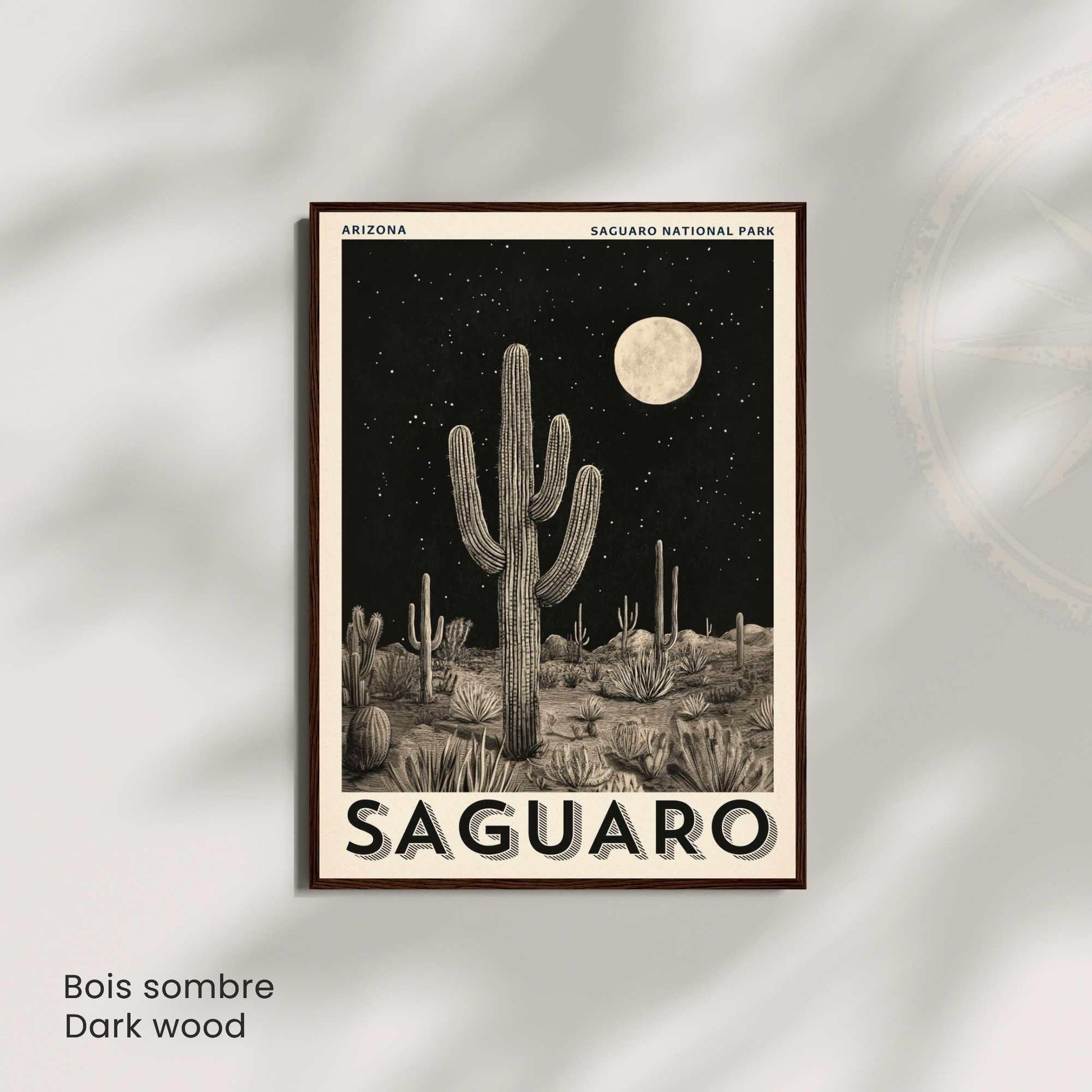Affiche Saguaro Arizona | Poster Parc National du Saguaro | Illustration Vintage Désert Nocturne | Affiche cactus noir et blanc