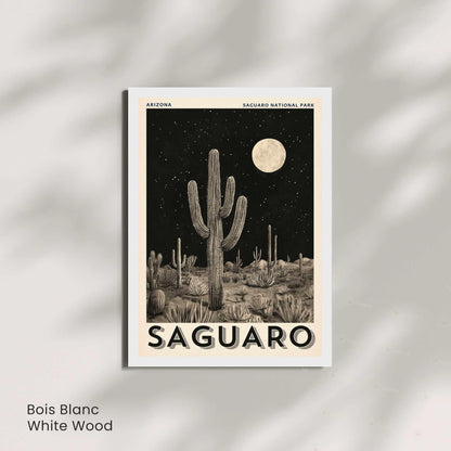 Affiche Saguaro Arizona | Poster Parc National du Saguaro | Illustration Vintage Désert Nocturne | Affiche cactus noir et blanc