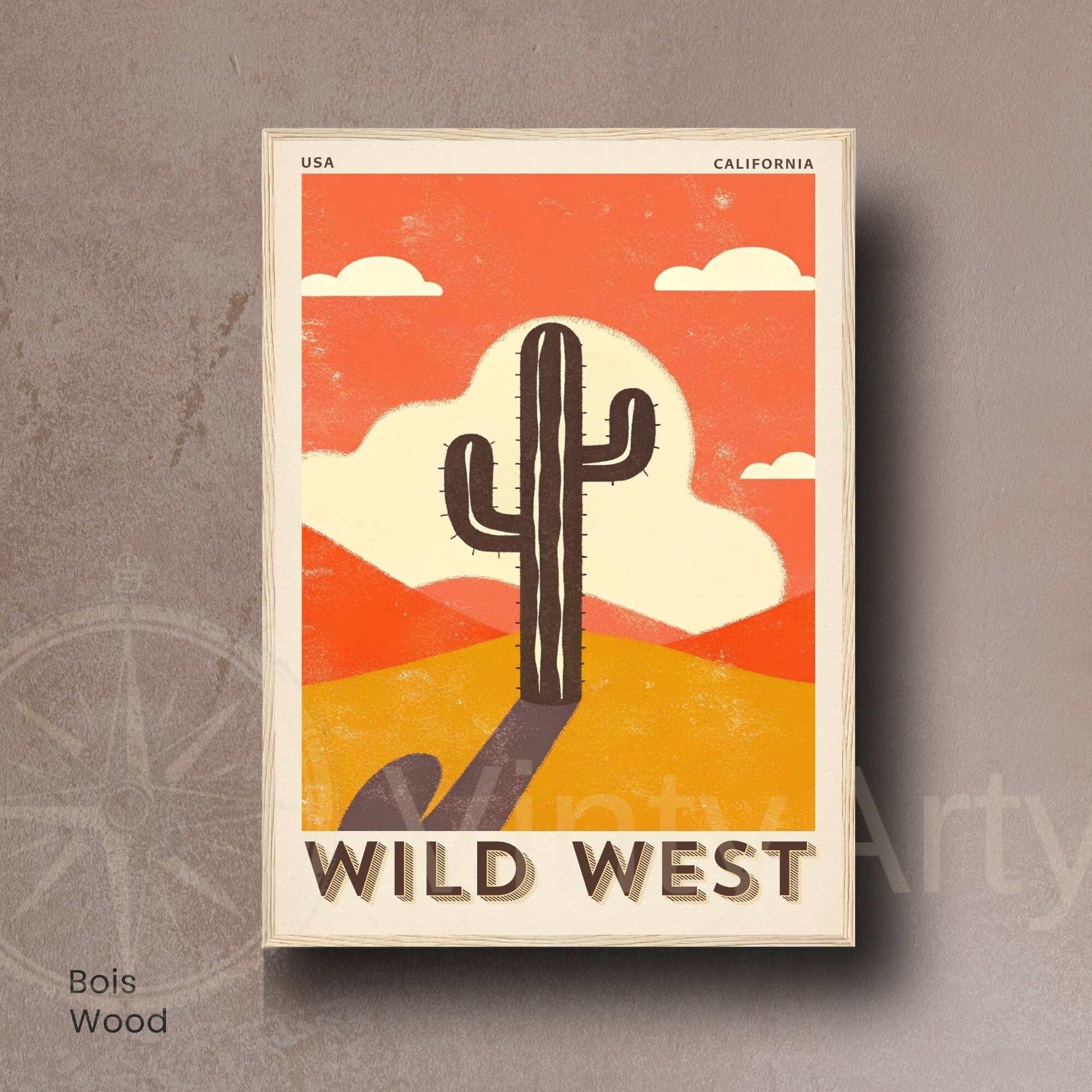 Affiche Wild West California | Poster Vintage Désert Américain | Illustration Cactus Rétro