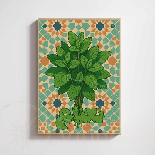 Affiche Menthe Orientale | Illustration Botanique Zellige Marocain | Décoration Cuisine Orientale