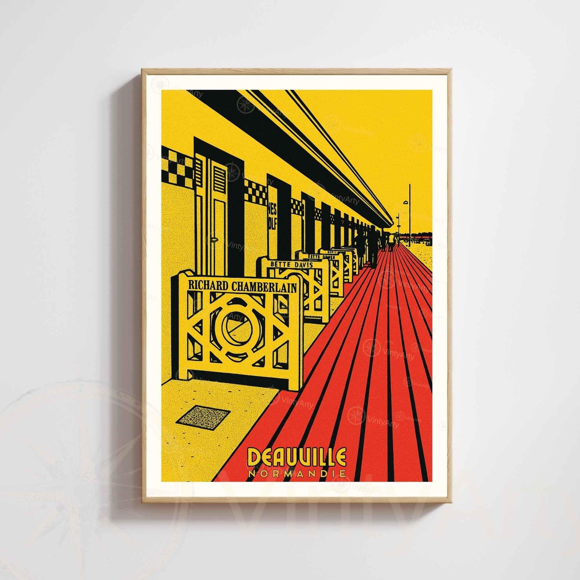 Affiche Deauville Les Planches – Poster vintage Normandie pop art rétro, décoration murale chic, cabines de plage, idée cadeau