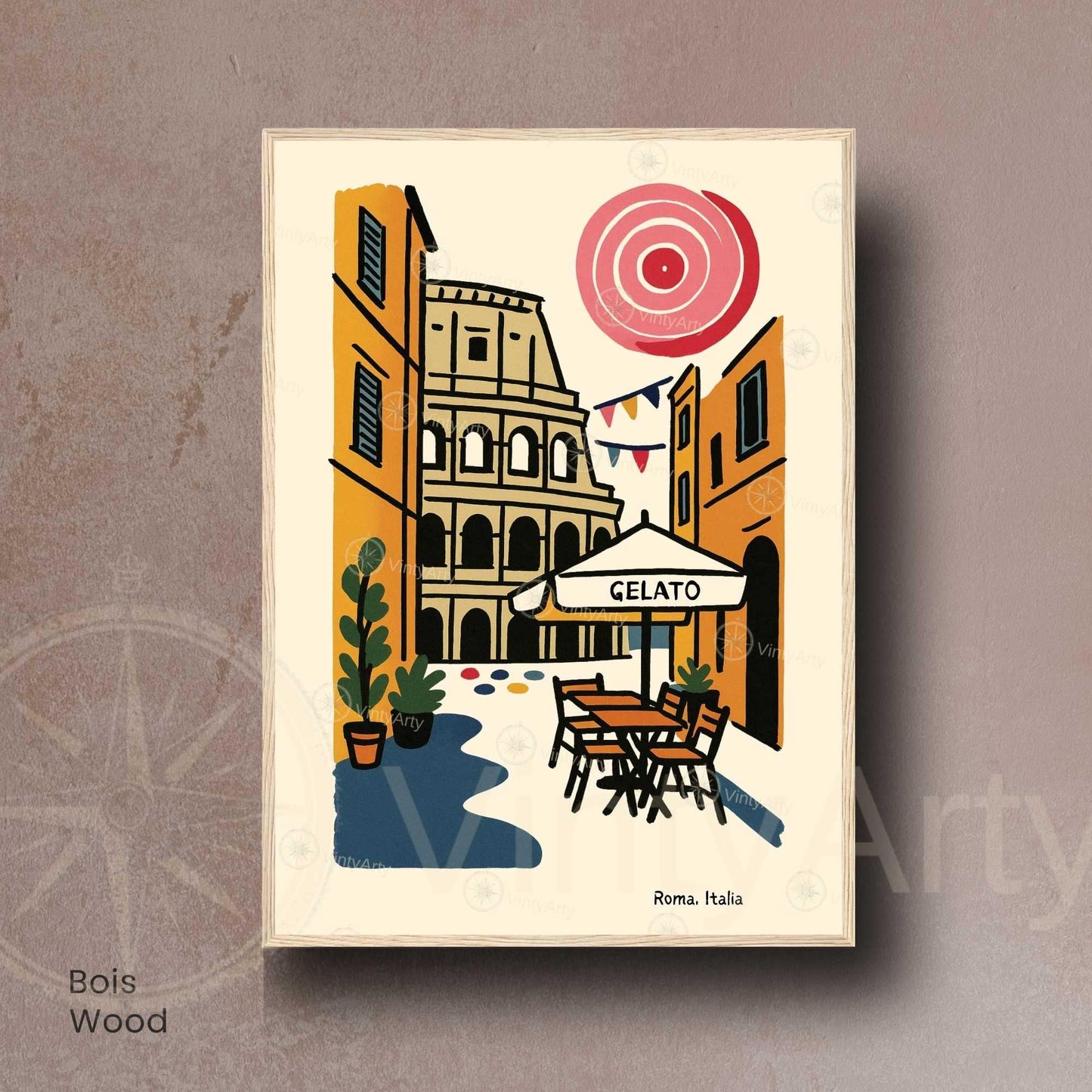 Affiche Rome – Poster rétro vintage Colisée Italie, décoration murale artistique, idée cadeau voyage, impression seule ou encadrée