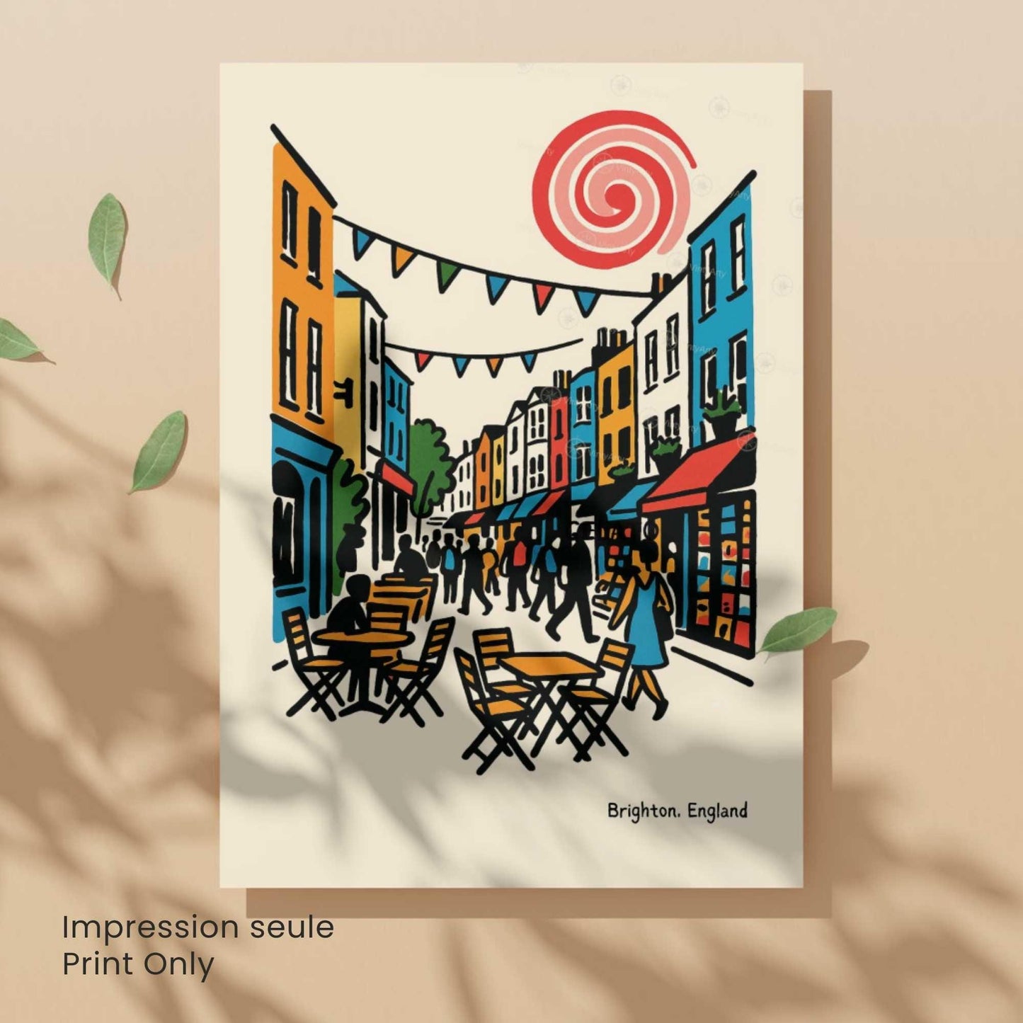 Affiche Brighton – Poster rétro vintage Angleterre, illustration artistique décorative, idée cadeau voyage UK, impression seule ou encadrée