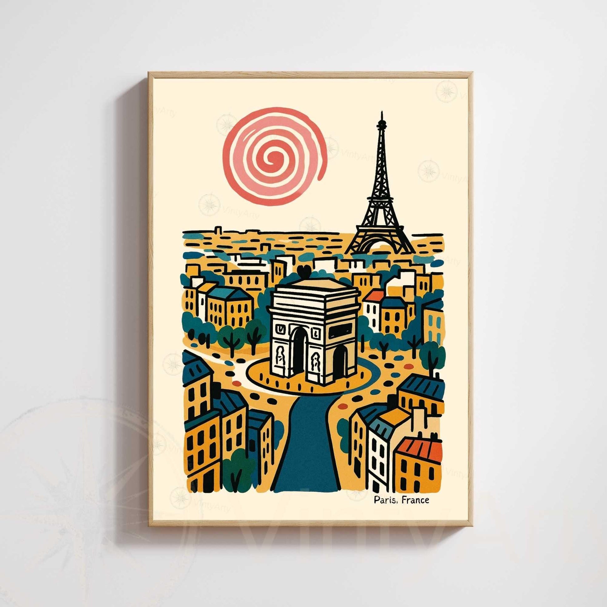 Affiche Paris rétro – Poster vintage Arc de Triomphe et Tour Eiffel, illustration artistique murale, idée cadeau Paris