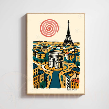 Affiche Paris rétro – Poster vintage Arc de Triomphe et Tour Eiffel, illustration artistique murale, idée cadeau Paris